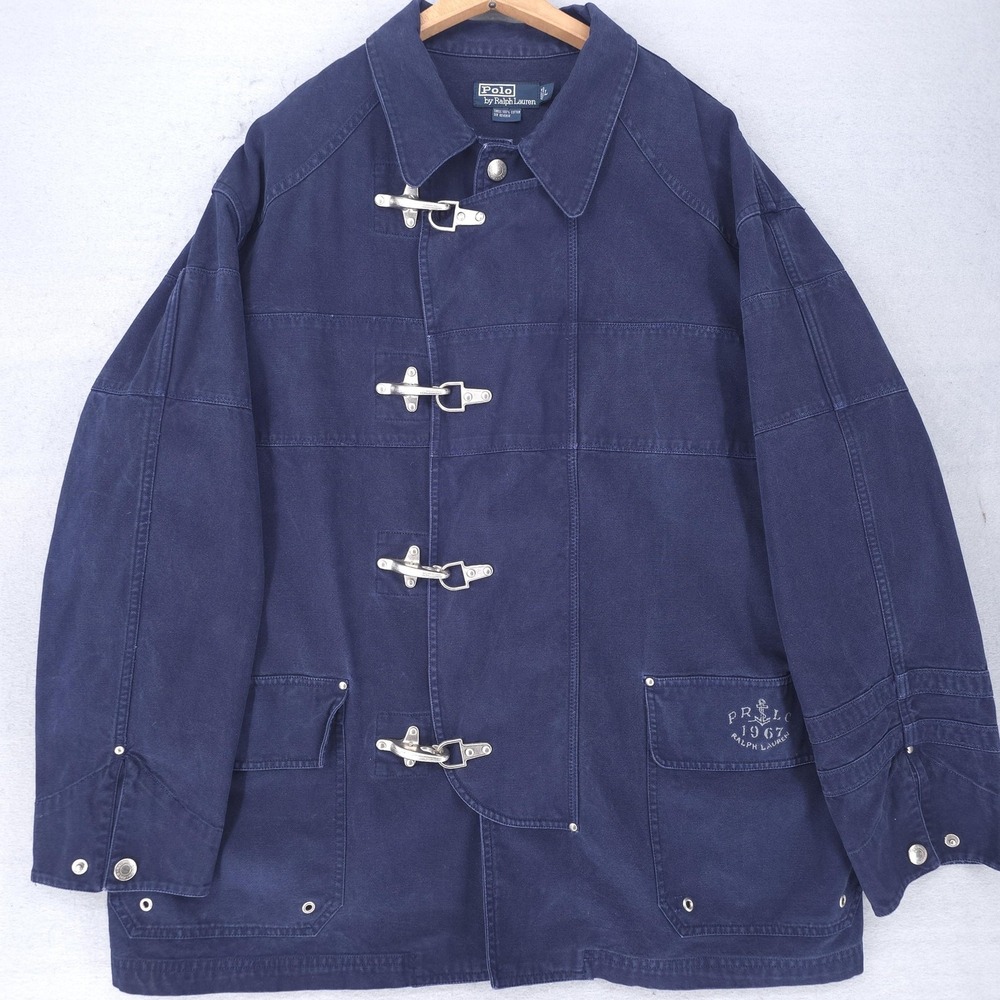 Vintage Polo Ralph Lauren Coat Mens Large Blue Fireman Clasp Canvas Nautical